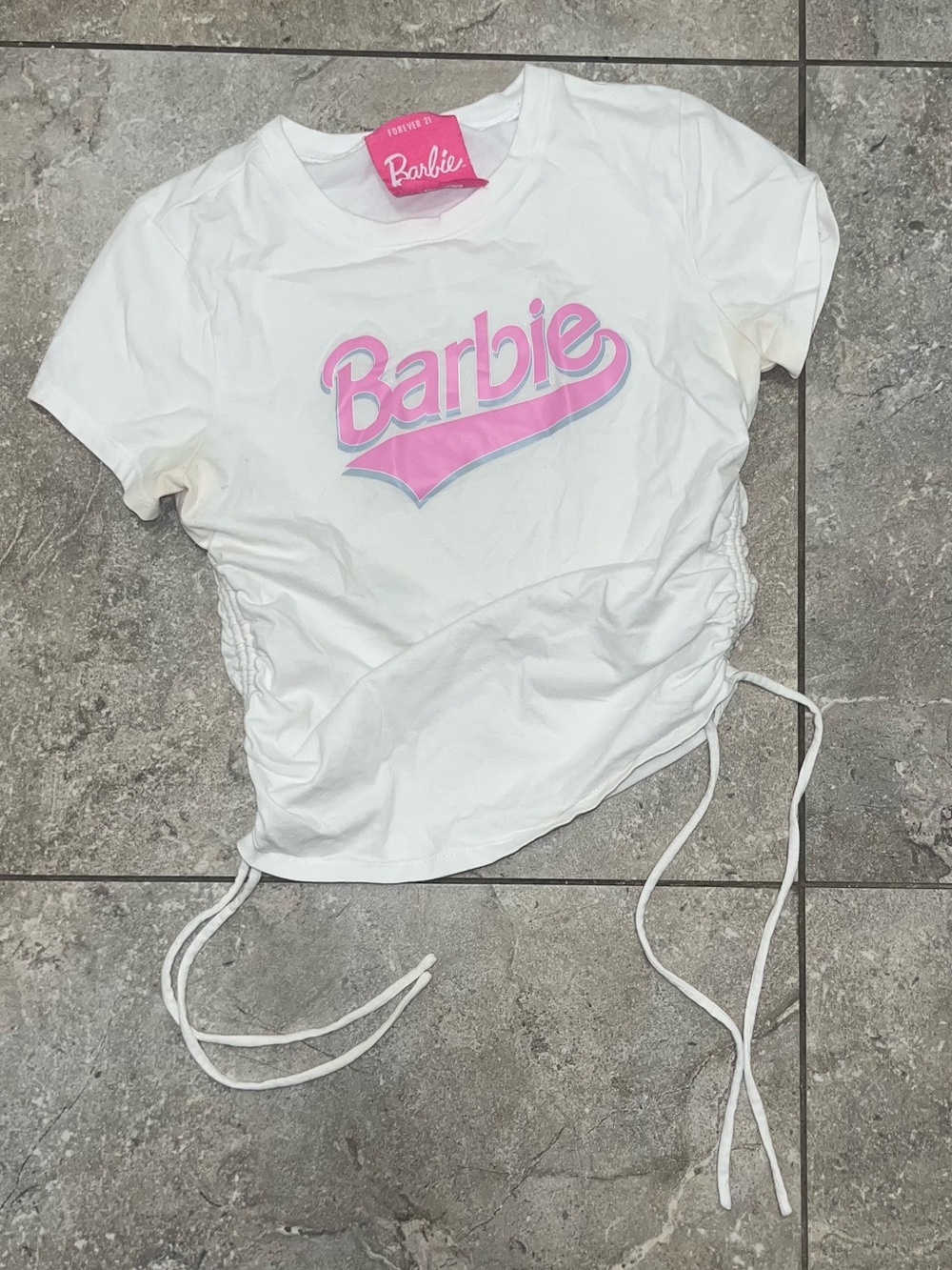 Barbie White Tee with Pink Logo and Side Ties